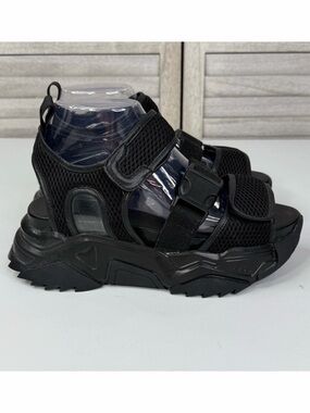 POSTER GIRL Women's Chunky Mesh Strap Platform Sandals Black-38 (7.5)